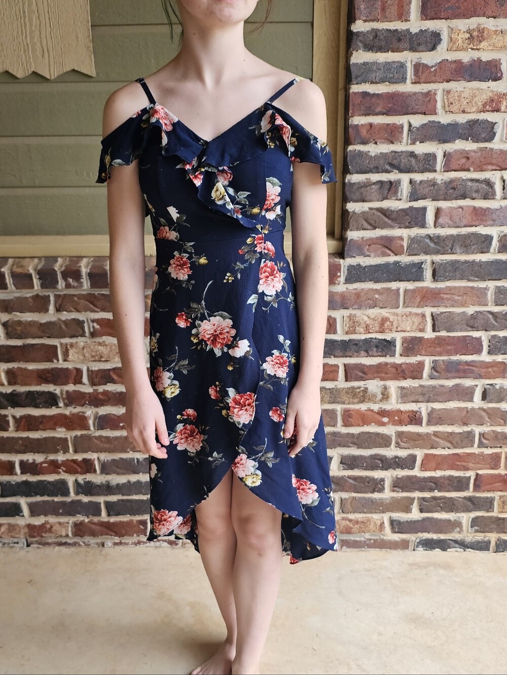 by & by Navy Floral Cold-Shoulder High-Low Dress